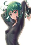  1girl arms_behind_head arms_up black_dress breasts closed_mouth collared_dress curly_hair dress flipped_hair green_eyes green_hair highres looking_at_viewer one-punch_man sai_(abyss05) short_hair simple_background small_breasts solo stretch tatsumaki tight tight_dress white_background wide_sleeves 