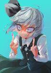  1girl angry bangs black_bow black_bowtie black_ribbon blue_background bow bowtie buttons closed_mouth collar collared_shirt double_middle_finger dress eyebrows_visible_through_hair green_dress grey_hair hair_ribbon hands_up konpaku_youmu long_sleeves looking_to_the_side middle_finger pink_nails red_eyes ribbon shaded_face shirt short_hair simple_background solo teeth touhou user_ktrm3254 white_shirt 