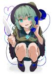  1girl blush breasts bright_pupils cleavage collared_shirt eyebrows_visible_through_hair green_eyes green_hair green_skirt hair_between_eyes hat heart heart_of_string highres holding holding_knife holding_phone holding_weapon knife koishi_day komeiji_koishi long_sleeves looking_at_viewer lower_teeth medium_breasts open_mouth panties phone shirt short_hair skirt solo squatting tamagogayu1998 third_eye touhou underwear weapon white_panties wide_sleeves 