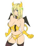  1girl ashiomi_masato black_legwear blonde_hair blue_eyes breasts closed_mouth demon_horns demon_tail fake_tail gloves guilty_gear guilty_gear_xrd horns long_hair looking_at_viewer millia_rage panties simple_background smile solo tail thighhighs underwear white_background yellow_gloves 