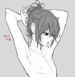  1boy adjusting_hair alternate_hairstyle androgynous armpits arms_up awara_kayu bangs collarbone grey_background hair_ornament hair_tie hair_tie_in_mouth male_focus mouth_hold nipples nude short_hair skinny solo stitches suzuya_juuzou tokyo_ghoul tokyo_ghoul:re translation_request tying_hair 