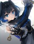  1girl absurdres anonamos blue_eyes blue_hair bow bow_earrings crossed_arms detached_sleeves earrings gloves hair_intakes head_chain highres hololive hololive_english jewelry ouro_kronii pocket_watch short_hair simple_background smile solo virtual_youtuber watch 