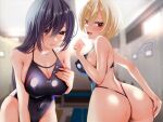  2girls ass bangs bare_shoulders black_eyes black_swimsuit blonde_hair blue_swimsuit blush breasts brown_eyes cleavage collarbone commentary_request covered_navel highleg highleg_swimsuit highres large_breasts long_hair looking_at_viewer looking_back multiple_girls one-piece_swimsuit open_mouth original purple_hair sakiryo_kanna short_hair smile swimsuit 