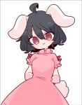  1girl :3 animal_ears barefoot black_hair carrot_necklace dress floppy_ears frilled_dress frilled_sleeves frills inaba_tewi jewelry op_na_yarou pendant pink_dress puffy_short_sleeves puffy_sleeves rabbit_ears rabbit_girl rabbit_tail red_eyes ribbon-trimmed_dress short_hair short_sleeves simple_background tail touhou white_background 