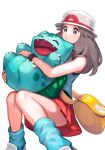  1girl bag black_wristband blue_legwear blue_shirt brown_eyes brown_hair bucket_hat bulbasaur commentary_request gen_1_pokemon grey_asa hair_flaps hat highres holding holding_pokemon knees_together_feet_apart leaf_(pokemon) long_hair loose_socks messenger_bag pleated_skirt pokemon pokemon_(creature) pokemon_(game) pokemon_frlg red_skirt shirt shoes shoulder_bag skirt sleeveless sleeveless_shirt white_footwear white_headwear wristband yellow_bag 