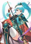  1girl alternate_costume alternate_hairstyle animal aqua_eyes aqua_hair armor armored_boots bangs blush boots brown_gloves cape commentary_request cosplay earrings eirika_(fire_emblem) ephraim_(fire_emblem) ephraim_(fire_emblem)_(cosplay) eyebrows_visible_through_hair fire_emblem fire_emblem:_the_sacred_stones fire_emblem_heroes gauntlets gloves hair_between_eyes hair_ornament high_ponytail highres holding holding_polearm holding_spear holding_weapon horse horseback_riding jewelry lips long_hair looking_at_viewer miniskirt nakabayashi_zun official_alternate_costume parted_lips polearm ponytail riding shoulder_armor sidelocks skirt smile spear teeth thighhighs thighs weapon white_background white_legwear white_skirt 