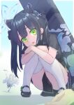  animal_ears black_hair blue_archive commentary_request fleeing green_eyes hair_ornament halo looking_at_viewer nakashige_shunsuke open_mouth saya_(blue_archive) shoes shun_(blue_archive) sitting thighhighs weapon_case white_legwear younger 