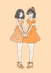  2girls :o absurdres back_bow bob_cut bow brown_hair color_coordination dress earrings gingham grey_eyes hair_bow hair_ornament hair_ribbon hairclip hand_on_another&#039;s_hand high_heels highres holding_hands jewelry long_legs matching_outfit multiple_girls orange_background orange_dress orange_footwear orange_nails orange_theme original plaid plaid_dress ponytail puffy_short_sleeves puffy_sleeves ribbon rikuwo sandals short_sleeves yuri 