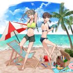  2girls beach beach_umbrella bikini blue_bikini blue_sky box brown_eyes brown_hair bucket chair cloud commentary_request day flat_chest full_body grey_hair highres horizon kaga_(kancolle) kantai_collection long_hair looking_at_viewer lounge_chair mismatched_bikini multiple_girls ocean outdoors palm_tree samonasu17 sand_castle sand_sculpture side_ponytail sky swimsuit tree trowel twintails umbrella yellow_eyes zuikaku_(kancolle) 