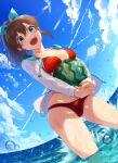  1girl :d ball bangs beachball bikini blue_eyes blue_ribbon blue_sky blush breasts brown_hair cleavage cloud collarbone commentary feet_out_of_frame from_below hair_ribbon holding holding_ball horizon idolmaster idolmaster_million_live! idolmaster_million_live!_theater_days inflatable_toy jacket kamille_(vcx68) looking_at_viewer medium_breasts medium_hair open_clothes open_jacket open_mouth outdoors ponytail red_bikini ribbon satake_minako sky smile solo splashing standing swimsuit thighs wading water water_drop watermelon_beachball wet wet_clothes 
