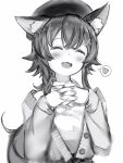 1girl :3 :d animal_ears closed_eyes facing_viewer greyscale hat heart highres hololive interlocked_fingers jacket monochrome nanashi_(nlo) ookami_mio open_mouth own_hands_together shirt simple_background smile solo spoken_heart upper_body virtual_youtuber white_background 