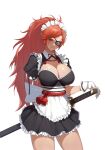  1girl alternate_costume amputee apron baiken black_dress bow breasts cleavage cleavage_cutout clenched_teeth clothing_cutout commentary cowboy_shot dress english_commentary enmaided eyepatch frilled_apron frills gloves guilty_gear highres jason_kim katana large_bow large_breasts long_hair looking_at_viewer maid maid_headdress ponytail puffy_short_sleeves puffy_sleeves red_eyes red_hair rope rope_around_waist scar scar_across_eye scar_on_face sheath sheathed short_sleeves simple_background solo standing sword teeth waist_apron weapon white_apron white_background white_bow white_gloves 