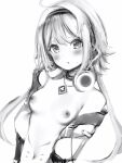  1girl :t blush breasts closed_mouth copyright_request dot_nose embarrassed greyscale hairband headphones highres looking_at_viewer medium_breasts medium_hair monochrome nanashi_(nlo) navel nipples simple_background solo stomach_tattoo tattoo upper_body white_background 