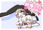  ahoge ass black_legwear blue_eyes elphelt_valentine grin guilty_gear guilty_gear_xrd hasebe_akira jack-o&#039;_challenge looking_at_viewer panties panties_under_pantyhose pantyhose pleated_skirt short_hair skirt smile sweat sweatdrop top-down_bottom-up translation_request underwear white_hair 