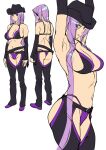  1girl armpits ashiomi_masato ass blindfold breasts chaps closed_mouth cowboy_hat fate/stay_night fate_(series) hat long_hair looking_at_viewer medusa_(fate) medusa_(rider)_(fate) navel purple_eyes purple_hair simple_background solo thong very_long_hair white_background 