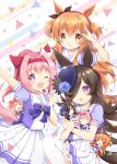  6+girls ;d agnes_digital_(umamusume) animal_ears arm_up bangs black_hair black_ribbon blue_bow blue_shirt blush bow brown_eyes brown_hair character_request closed_mouth commentary_request ear_ribbon eyebrows_visible_through_hair frilled_skirt frills hair_intakes hair_over_one_eye hairband haru_urara_(umamusume) highres horse_ears horse_girl horse_tail long_hair mayano_top_gun_(umamusume) minigirl multiple_girls nanase_miori one_eye_closed open_mouth outstretched_arm pink_hair pleated_skirt ponytail puffy_short_sleeves puffy_sleeves purple_eyes red_hairband ribbon rice_shower_(umamusume) school_uniform shirt short_sleeves skirt smile tail thighhighs tracen_school_uniform umamusume very_long_hair white_legwear white_skirt 
