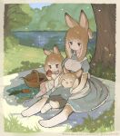  1boy 2girls :t absurdres animal_ears animal_hands apple apron basket blush brown_hair carrot closed_eyes dress eating english_text family food fruit highres mother_and_daughter mother_and_son multiple_girls original outdoors picnic rabbit_boy rabbit_ears rabbit_girl rabbit_tail sakutake_(ue3sayu) shade tail tree 