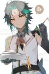  1boy ahoge almond_tofu_(genshin_impact) arm_guards arm_tattoo asymmetrical_clothes azna bead_necklace beads black_hair detached_sleeves diamond-shaped_pupils diamond_(shape) eyeshadow facial_mark food forehead_mark frown genshin_impact gloves green_gloves green_hair highres holding holding_plate jewelry makeup multicolored_hair necklace plate red_eyeshadow serving short_hair short_hair_with_long_locks shoulder_pads sidelocks signature single_bare_shoulder single_detached_sleeve solo speech_bubble spilling squiggle sweatdrop symbol-shaped_pupils tattoo tofu twitter_username two-tone_hair xiao_(genshin_impact) yellow_eyes 