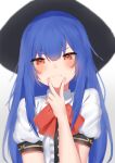  1girl :3 absurdres bangs black_headwear blue_hair blurry blush bow bowtie center_frills closed_mouth depth_of_field eyebrows_behind_hair frills hand_up hat highres hinanawi_tenshi long_hair puffy_short_sleeves puffy_sleeves red_bow red_eyes red_neckwear short_sleeves simple_background slepp soft_focus solo touhou upper_body v-shaped_eyebrows v_over_mouth very_long_hair white_background wing_collar 