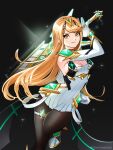  1girl aegis_sword_(xenoblade) bangs blonde_hair blush breasts earrings elbow_gloves gloves headpiece highres jewelry large_breasts long_hair looking_at_viewer mythra_(massive_melee)_(xenoblade) mythra_(xenoblade) silvercandy_gum simple_background smile solo super_smash_bros. swept_bangs thighhighs tiara very_long_hair xenoblade_chronicles_(series) xenoblade_chronicles_2 yellow_eyes 