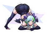  1girl absurdres artist_name bare_shoulders blue_hair blush breasts bridal_gauntlets bsapricot bsapricot_(vtuber) demon_girl demon_horns demon_wings detached_sleeves english_commentary eyebrows_visible_through_hair green_eyes green_hair highres horns jack-o&#039;_challenge looking_at_viewer medium_breasts multicolored_hair short_hair solo sweat thighhighs toeless_legwear top-down_bottom-up trembling twitter_username two-tone_hair vshojo watermark wings 