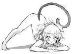  1girl ahoge alphy andira_(granblue_fantasy) animal_ears blush completely_nude erune granblue_fantasy greyscale jack-o&#039;_challenge monochrome nude shadow short_hair short_twintails smile solo tail tongue tongue_out top-down_bottom-up twintails upturned_eyes 