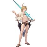  1boy abs ahoge bare_legs blonde_hair brown_male_swimwear granblue_fantasy jewelry looking_at_viewer male_focus male_swimwear navel necklace official_art open_clothes open_mouth open_shirt over_shoulder pectorals popped_collar sandals sheath sheathed shirt short_sleeves siete smile solo standing swim_briefs sword sword_over_shoulder teeth transparent_background wavy_hair weapon weapon_over_shoulder white_shirt 