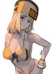  1girl ashiomi_masato blonde_hair blue_eyes breasts closed_mouth gloves guilty_gear guilty_gear_xrd hat looking_at_viewer medium_hair millia_rage navel signature simple_background solo swimsuit white_background 