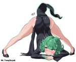 1girl :/ artist_name ass black_dress blush closed_mouth commentary_request curly_hair curvy dress flipped_hair floating full_body glowing glowing_hand green_eyes green_hair high_heels highres jack-o&#039;_challenge levitation looking_back mr_tangsuyuk notice_lines one-punch_man plump short_hair side_slit simple_background solo spread_legs sweatdrop tatsumaki telekinesis thighs top-down_bottom-up white_background yellow_jumpsuit 