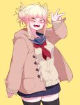  1girl :d bags_under_eyes bangs black_legwear blonde_hair blue_sailor_collar blue_skirt blunt_bangs boku_no_hero_academia cardigan coat double_bun fangs hair_up highres kneehighs looking_at_viewer messy_hair narrowed_eyes neckerchief okumari open_mouth pleated_skirt red_neckwear sailor_collar school_uniform serafuku sidelocks simple_background skirt slit_pupils smile socks solo teeth toga_himiko v winter_clothes winter_coat yellow_background yellow_cardigan yellow_eyes 