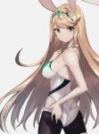  1girl animal_ears ass black_legwear blonde_hair blush breasts close-up from_behind gem head_tilt headpiece high_heels large_breasts leotard long_hair mythra_(massive_melee)_(xenoblade) mythra_(radiant_beach)_(xenoblade) mythra_(xenoblade) pantyhose playboy_bunny pretty_mundane rabbit_ears silver_footwear simple_background smile solo standing super_smash_bros. tiara two-tone_background white_leotard xenoblade_chronicles_(series) xenoblade_chronicles_2 yellow_eyes 