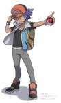  1boy baseball_cap black_shirt blue_jacket bright_pupils closed_mouth commentary_request dynamax_band frown full_body grey_pants hand_on_headwear hat holding holding_poke_ball jacket leon_(pokemon) looking_at_viewer male_focus open_clothes open_jacket outstretched_arm pants poke_ball poke_ball_(basic) pokemon pokemon_(game) pokemon_swsh purple_hair riato_(riato1985) shirt shoes short_hair short_sleeves sleeveless sleeveless_jacket solo standing white_pupils yellow_eyes younger 