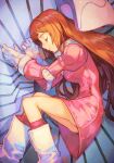  1girl boots brain_powered closed_mouth dress feet_out_of_frame from_above gloves hands_up hungry_clicker juliet_sleeves long_hair long_sleeves lying on_side orange_hair pink_dress puffy_sleeves sleeping smile solo utsumiya_hime white_footwear white_gloves 