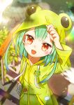  1girl :d adjusting_hood animal_print blurry blurry_background blush cloud_print fang frog_print frog_raincoat green_hair highres hololive hood koka12312 long_sleeves open_mouth red_eyes smile snail_print solo symbol-only_commentary upper_body uruha_rushia virtual_youtuber yellow_raincoat 