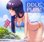  1girl beach bikini black_hair blue_bikini blue_sky bracelet breasts cleavage cloud collarbone copyright_name day doki_doki_literature_club drinking_straw front-tie_bikini front-tie_top hair_ornament hairclip jewelry long_hair looking_at_viewer looking_to_the_side medium_breasts ocean open_mouth orange_ribbon outdoors purple_eyes ribbon shiny shiny_hair shiny_skin side-tie_bikini sky solo straight_hair string_bikini swimsuit thigh_gap tongue tongue_out twitter_username umatsunagi very_long_hair yuri_(doki_doki_literature_club) 