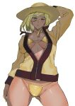  1girl ashiomi_masato blonde_hair blue_eyes breasts closed_mouth guilty_gear guilty_gear_xrd hat jacket large_breasts looking_at_viewer medium_hair millia_rage simple_background solo swimsuit white_background 