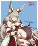  1girl absurdres animal_ear_fluff animal_ears arrow_(symbol) artist_name big_belly blue_background blush breasts brown_eyes brown_hair cleavage covered_navel english_text eyebrows_visible_through_hair gloves grin highres japanese_clothes kimono kitsune long_hair looking_at_viewer navel nia_(blade)_(xenoblade) nia_(xenoblade) pregnant revealing_clothes signature simple_background smile smug thick_thighs thighs tsukijitums twintails very_long_hair white_gloves xenoblade_chronicles_(series) xenoblade_chronicles_2 