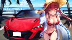  bicolored_eyes bikini car clouds flowers hat hololive houshou_marine navel open_shirt purple_hair sky swim_ring swimsuit tagme_(artist) tree twintails water yellow_eyes 