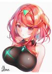  1girl artist_name bangs blush breasts competition_swimsuit earrings gem hair_ornament headpiece jewelry large_breasts looking_at_viewer one-piece_swimsuit pyra_(pro_swimmer)_(xenoblade) pyra_(xenoblade) red_eyes red_hair solo staring swept_bangs swimsuit sxbzero tiara xenoblade_chronicles_(series) xenoblade_chronicles_2 