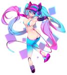  1girl absurdres ass baseball_cap blue_eyes blue_hair blue_swimsuit breasts cleavage full_body gradient_hair hat heterochromia highres large_breasts long_hair multicolored multicolored_hair multicolored_tail original pink_eyes pink_hair shiny shiny_hair shiny_skin slingshot_swimsuit slugbox smile solo swimsuit tail thighhighs twintails vomi_agogo 
