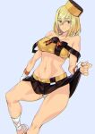  1girl ashiomi_masato blonde_hair blue_eyes breasts closed_mouth fingerless_gloves gloves groin guilty_gear guilty_gear_xrd hat looking_at_viewer medium_hair millia_rage navel panties simple_background skirt solo underwear 