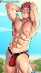  1boy abs arms_up artist_name bara blush brown_hair bulge grelxb hands_on_own_head highres itadori_yuuji jockstrap jujutsu_kaisen large_pectorals looking_at_viewer male_focus male_underwear muscular muscular_male navel nipples original patreon_username pectorals pink_hair red_male_underwear short_hair solo thick_thighs thighs underwear underwear_only watermark web_address white_male_underwear 