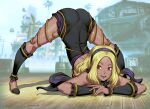  1girl arm_rest ass black_hair blonde_hair dark-skinned_female dark_skin flexible full_body genzoman gravity_daze gravity_daze_2 hairband highres huge_ass jack-o&#039;_challenge kitten_(gravity_daze) lips long_hair meme pose red_eyes shiny shiny_hair shiny_skin side_slit sky smile solo spread_legs stretch top-down_bottom-up wide_spread_legs 