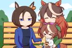  &gt;_&lt; 3girls :3 air_groove_(umamusume) animal_ears bench bendy_straw blue_eyes bow brown_hair casual closed_eyes commentary cup disposable_cup drinking_straw ear_bow ear_piercing earrings gomashio_(goma_feet) high_ponytail holding holding_cup hood hoodie horse_ears horse_girl horse_tail jacket jewelry light_brown_hair long_hair long_sleeves multicolored_hair multiple_girls necklace official_alternate_costume park_bench piercing pink_bow short_hair single_earring sweatdrop symboli_rudolf_(umamusume) tail tokai_teio_(umamusume) two-tone_hair umamusume younger 