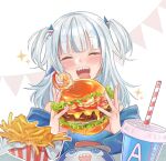  1girl :d bangs bloop_(gawr_gura) blue_eyes blunt_bangs blush burger chiseoyasumi closed_eyes cup disposable_cup eyebrows_visible_through_hair food french_fries gawr_gura highres hololive hololive_english open_mouth sharp_teeth shrimp sidelocks silver_hair smile solo teeth twintails virtual_youtuber white_hair 