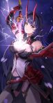  1girl absurdres armor bangs bare_shoulders black_gloves breasts cleavage drawing_sword electricity gauntlets gloves grin hair_between_eyes highres holding holding_sword holding_weapon honkai_(series) honkai_impact_3rd horns huge_filesize japanese_armor katana long_hair looking_at_viewer open_mouth outstretched_arm purple_eyes purple_hair raiden_mei raiden_mei_(herrscher_of_thunder) single_gauntlet smile solo sword teeth weapon yato_(yama0x1) 