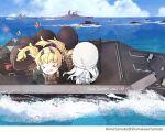  &gt;_&lt; 5girls alternate_costume artist_name battleship blonde_hair dated day gambier_bay_(kancolle) highres himeyamato johnston_(kancolle) kantai_collection long_hair long_sleeves military military_uniform military_vehicle multiple_girls ocean open_mouth ship twintails twitter_username uniform uss_iowa_(bb-61) warship watercraft yamato_(battleship) 