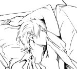  1boy armpits arms_up collarbone ginko greyscale implied_sex looking_at_viewer lying male_focus monochrome mushishi on_back open_clothes pillow rumamss short_hair short_sleeves sitting solo_focus upper_body white_background 