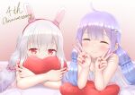  2girls ^_^ ahoge alternate_costume animal_ears anniversary azur_lane bangs bed_sheet breasts cleavage closed_eyes collarbone commentary_request covering_mouth double_v eyebrows_visible_through_hair fake_tail gekikara_poteto hair_between_eyes hair_ornament hair_scrunchie hairband hairclip highres laffey_(azur_lane) long_hair looking_at_viewer low_twintails lying multiple_girls on_stomach pajamas pillow pillow_hug purple_hair rabbit_ears red_eyes scrunchie sidelocks silver_hair smile spaghetti_strap tail twintails unicorn_(azur_lane) v 