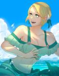  1girl alternate_costume bikini blonde_hair breasts cleavage fangs fire_emblem fire_emblem:_three_houses fire_emblem_heroes green_bikini green_eyes green_swimsuit highres ingrid_brandl_galatea koyorin large_breasts looking_to_the_side navel off-shoulder_bikini off_shoulder official_alternate_costume open_mouth short_hair solo swimsuit 